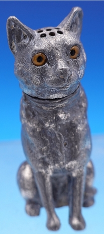 Pepper Shaker in the form of a cat with yellow glass eyes, Victorian, plate is worn 3